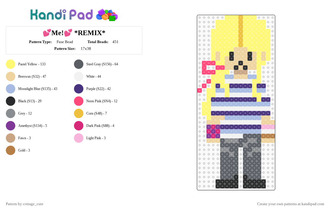 💕Me!💕 *REMIX* - Fuse Bead Pattern by cottage_cute on Kandi Pad - yellow,light blue,gray,colorful