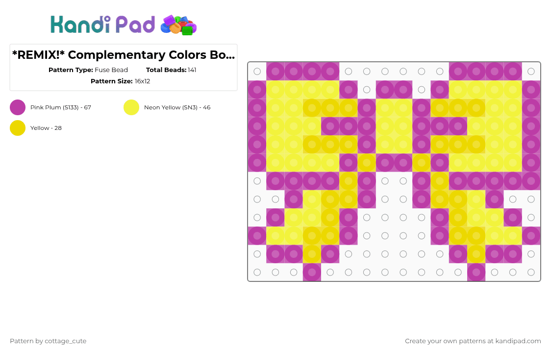 *REMIX!* Complementary Colors Bow #2! - Fuse Bead Pattern by cottage_cute on Kandi Pad - pink,yellow,cotdcomplementarycolors
