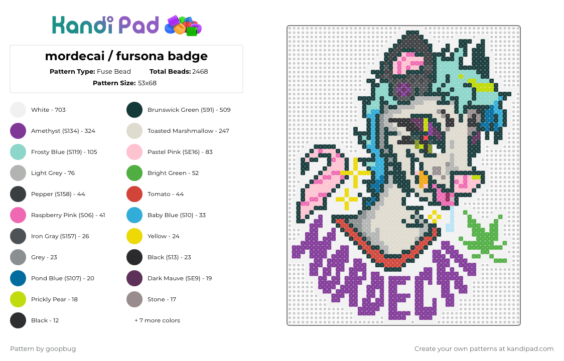 mordecai / fursona badge - Fuse Bead Pattern by goopbug on Kandi Pad - white,pink,light blue,beige,furry,possum,fursona,furry badge,colorful