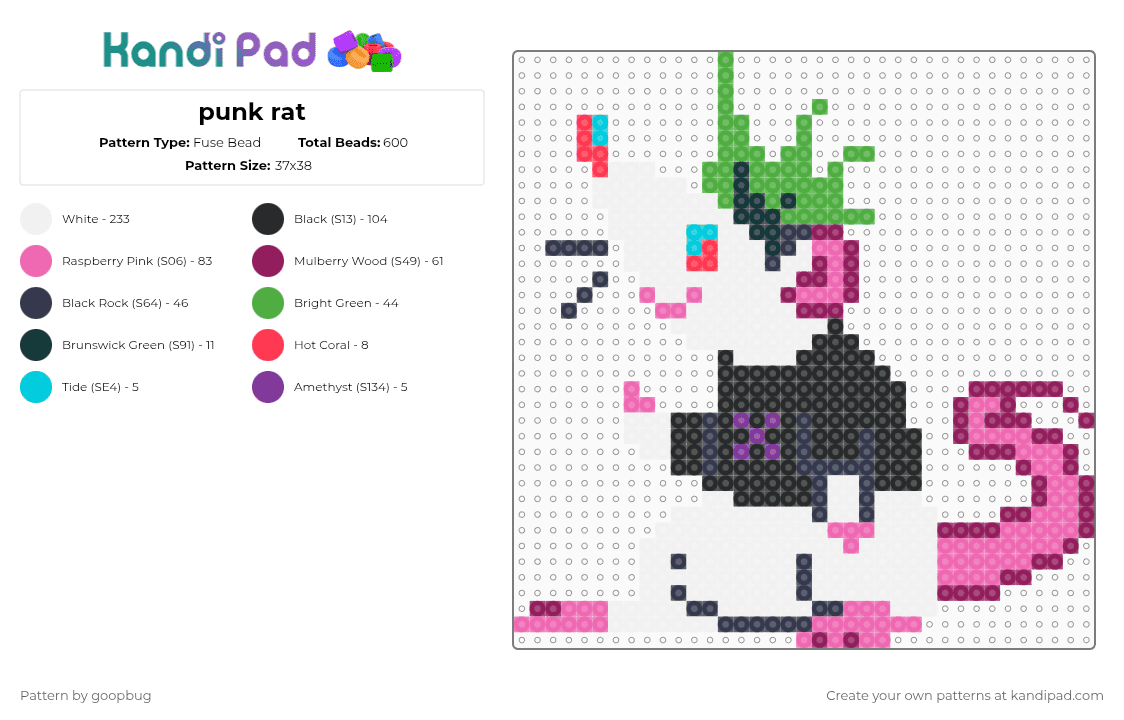 punk rat - Fuse Bead Pattern by goopbug on Kandi Pad - white,pink,cotdpunkrock,rat,rodent,mohawk,cute,punk