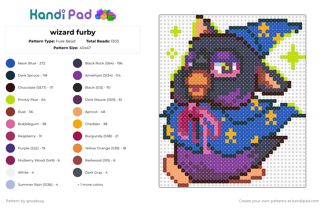 wizard furby - Fuse Bead Pattern by goopbug on Kandi Pad - pink,purple,blue,cotd90snostalgia,furby,wizard,90s,vintage toy,toys r us