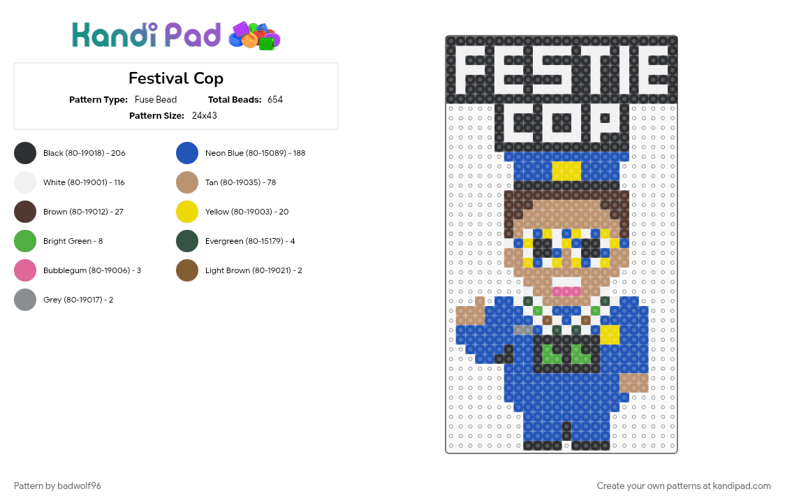 Festival Cop - Fuse Bead Pattern by badwolf96 on Kandi Pad - beige, blue, cop, edm, festie, festie cop, festival, festive spirit, rave