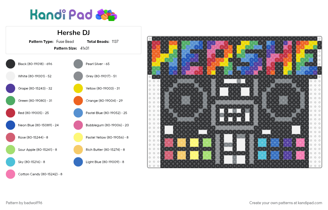 Hershe DJ - Fuse Bead Pattern by badwolf96 on Kandi Pad - black, colorful, dj, dj deck, edm, gray, green, hershe, logo, rainbow, yellow