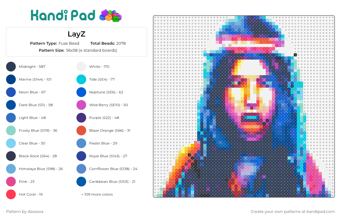 LayZ - Fuse Bead Pattern by dasaxxa on Kandi Pad - layz,portrait,dj,edm,music,neon,blue,energy,rhythm,electronic