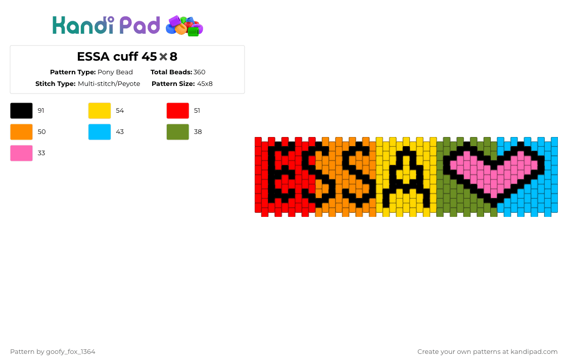 ESSA cuff 45✖️8 - Pony Bead Pattern by deleted_user_938171 on Kandi Pad - red,orange,yellow,light blue