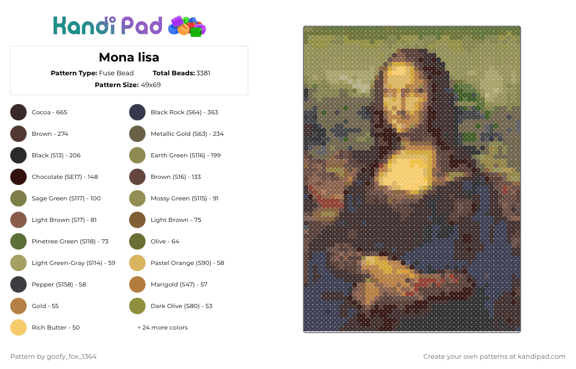 Mona lisa - Fuse Bead Pattern by goofy_fox_1364 on Kandi Pad - gold,tan,brown,purple