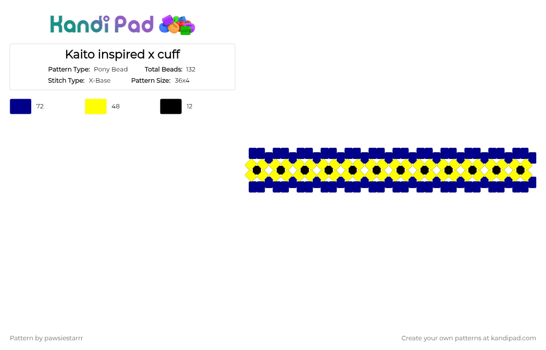 Kaito inspired x cuff - Pony Bead Pattern by pawsiestarrr on Kandi Pad - purple,yellow