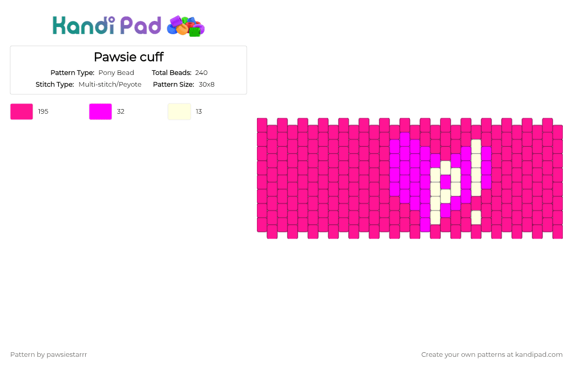 Pawsie cuff - Pony Bead Pattern by pawsiestarrr on Kandi Pad - pink