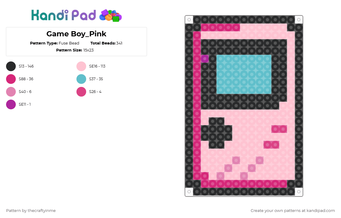 Game Boy_Pink - Fuse Bead Pattern by thecraftyinme on Kandi Pad - game boy,handheld,video game,console,gaming,pink,gameboy,retro,vintage