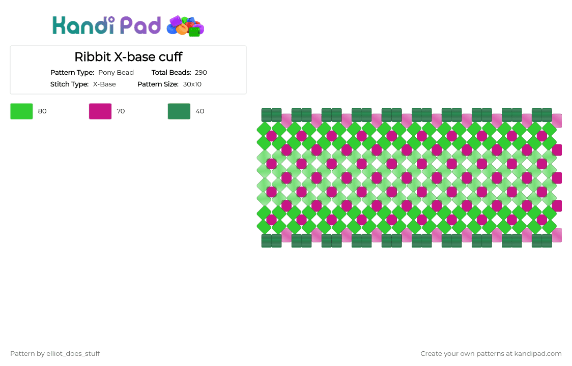 Ribbit X-base cuff - Pony Bead Pattern by elliot_does_stuff on Kandi Pad - green,pink