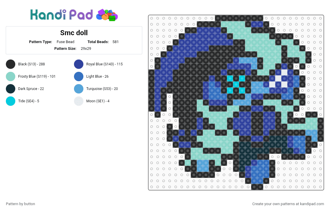 Smc doll - Fuse Bead Pattern by button on Kandi Pad - black, light blue, purple