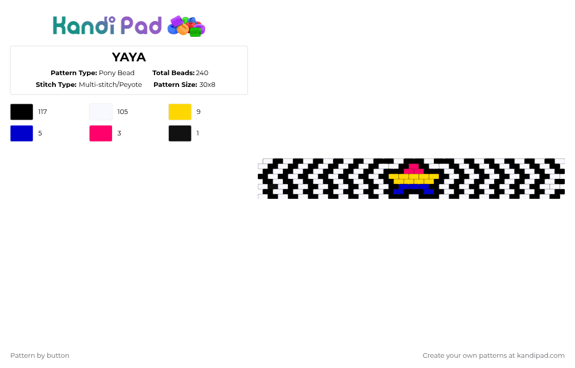 YAYA - Pony Bead Pattern by button on Kandi Pad - black,white,yellow