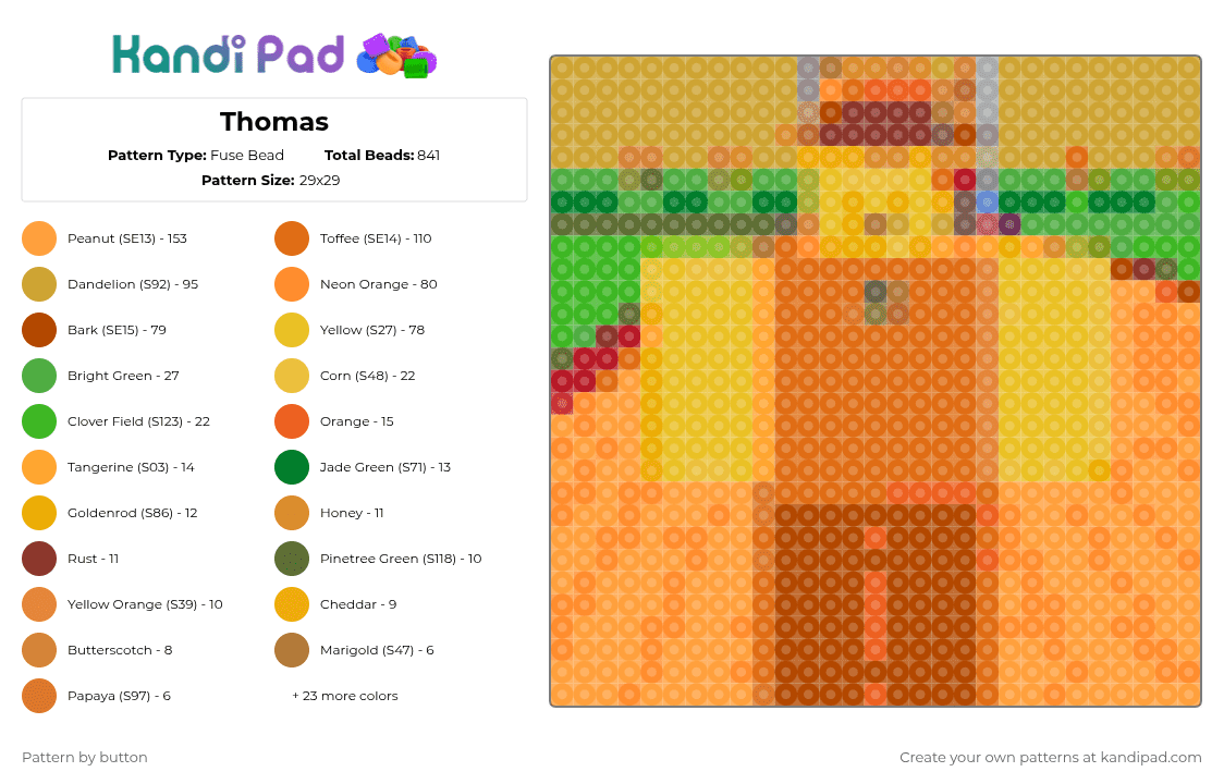 Thomas - Fuse Bead Pattern by button on Kandi Pad - orange,red,yellow