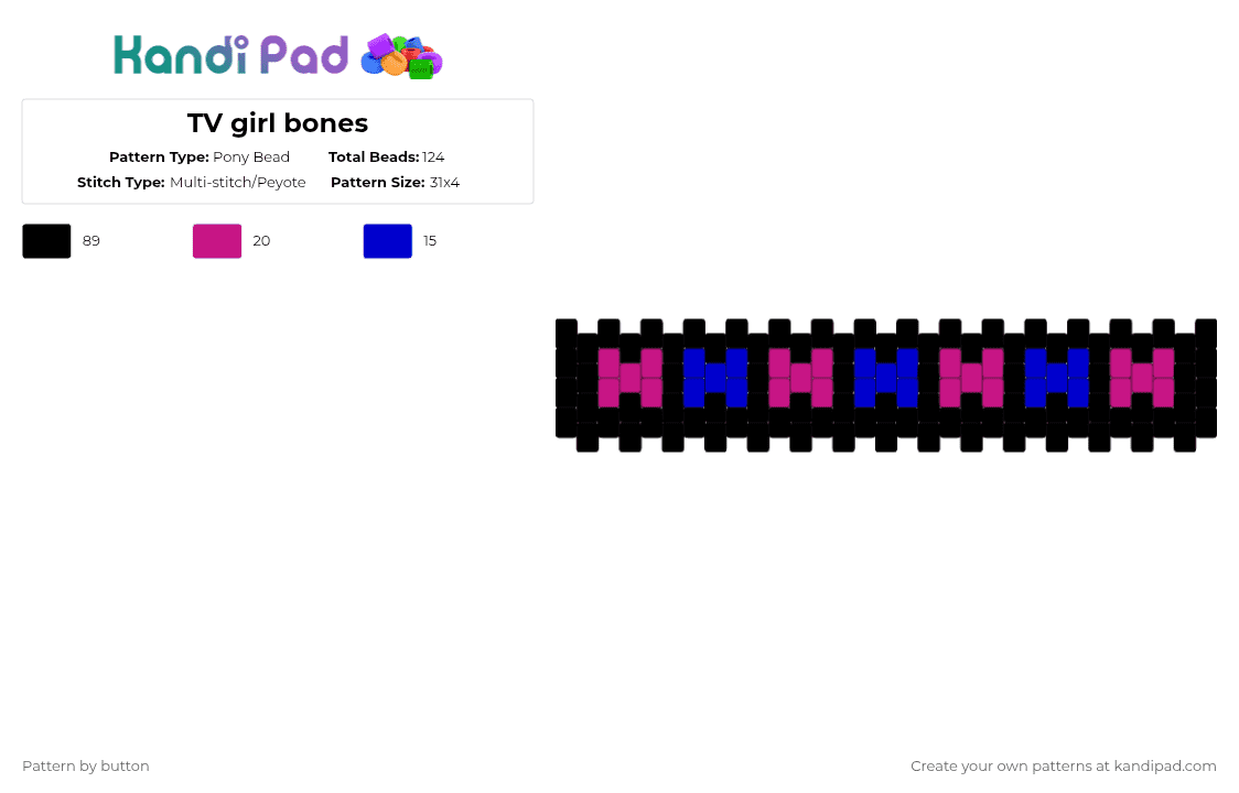 TV girl bones - Pony Bead Pattern by button on Kandi Pad - black,pink,purple