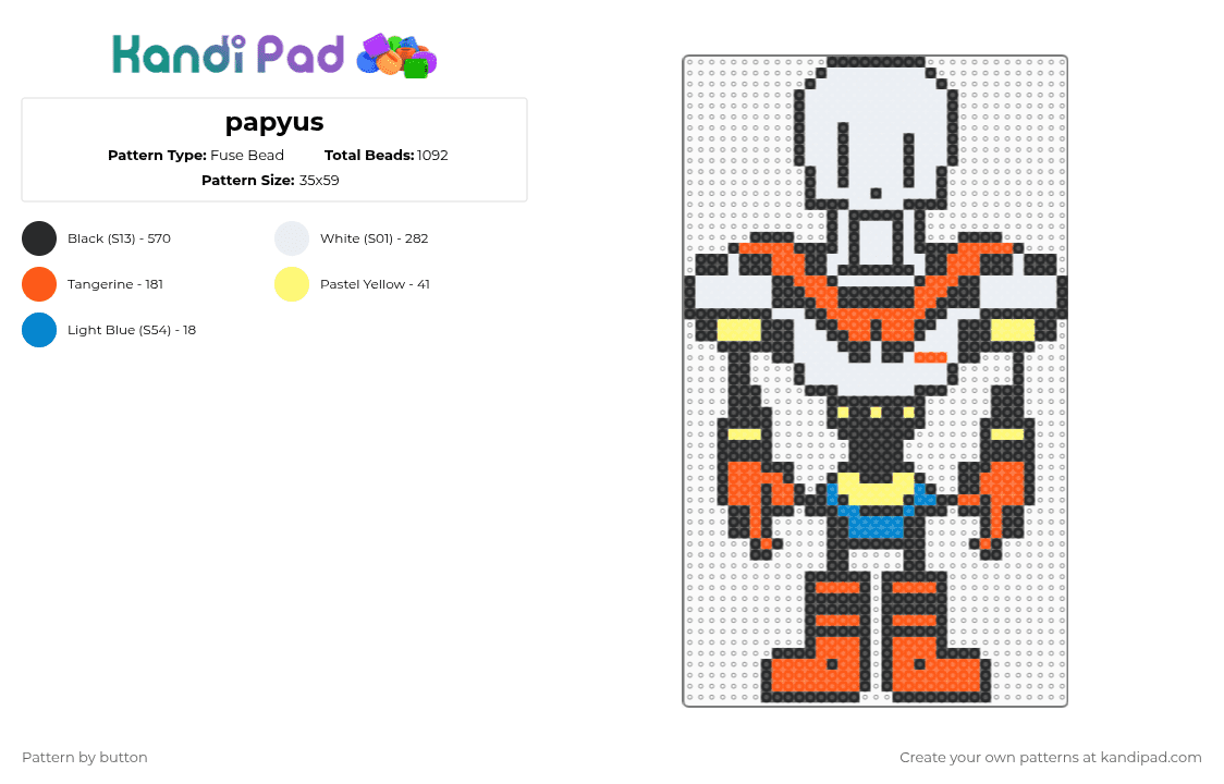 papyus - Fuse Bead Pattern by button on Kandi Pad - black,white,orange,undertale