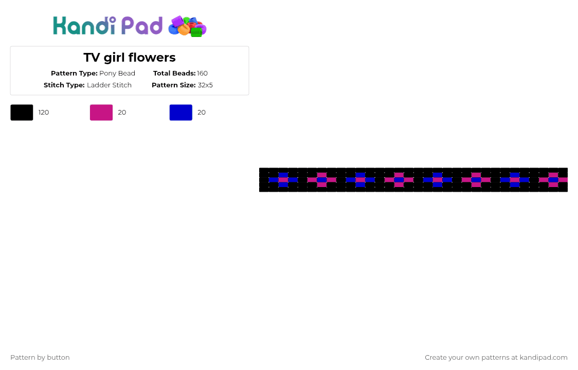 TV girl flowers - Pony Bead Pattern by button on Kandi Pad - black,pink,purple