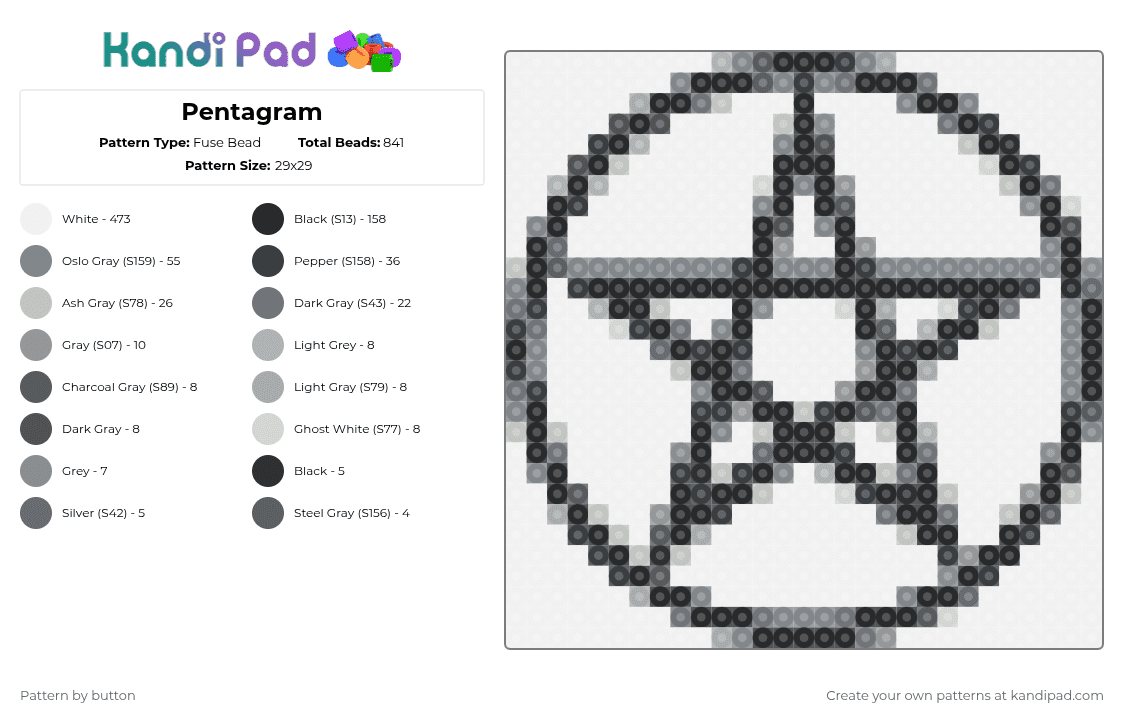 Pentagram - Fuse Bead Pattern by button on Kandi Pad - white,gray