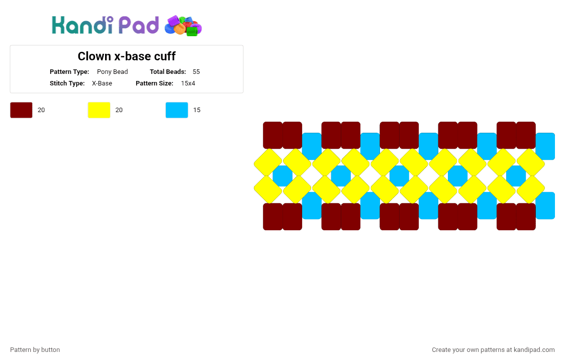 Clown x-base cuff - Pony Bead Pattern by button on Kandi Pad - brown,yellow
