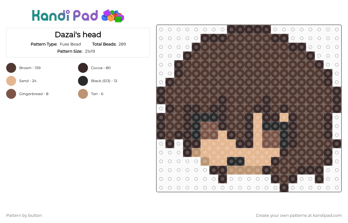Dazai\'s head - Fuse Bead Pattern by button on Kandi Pad - brown,bsd,dazai,head,cute