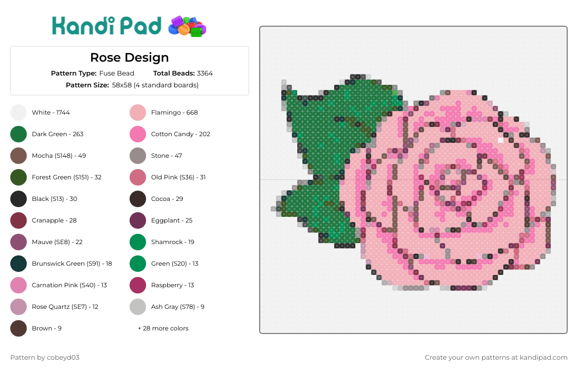 Rose Design - Fuse Bead Pattern by cobeyd03 on Kandi Pad - rose,flower,pink,floral,blooming,petals,leaves,gentle