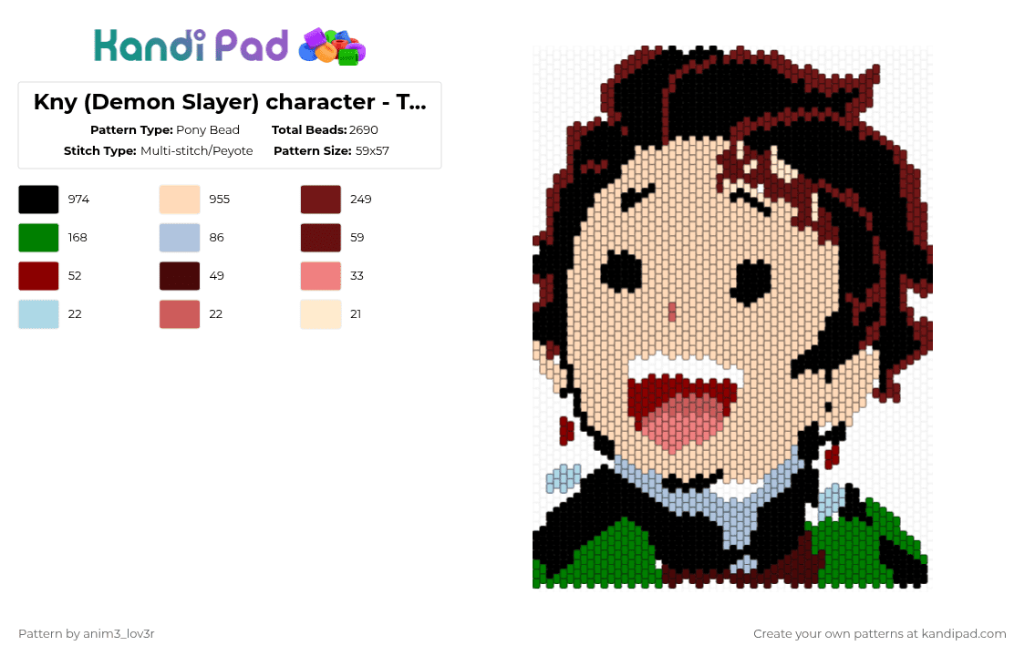 Kny (Demon Slayer) character - Tanjiro - Pony Bead Pattern by anim3_lov3r on Kandi Pad - beige,brown