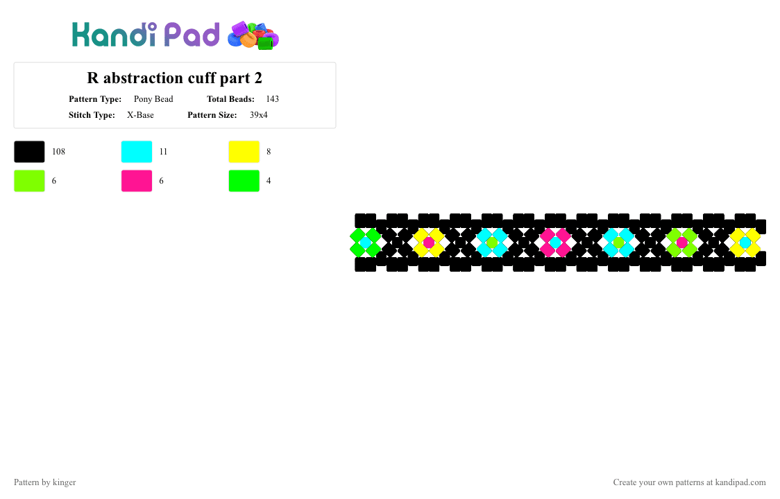 R abstraction cuff part 2 - Pony Bead Pattern by kinger on Kandi Pad - black,light blue,green,tadc,abstraction,colorfull,x base,13 xs long,1 xs high