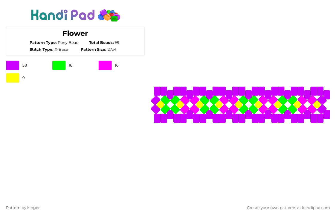 Flower - Pony Bead Pattern by kinger on Kandi Pad - purple,pink,green,yellow,flower,my sister made it 3