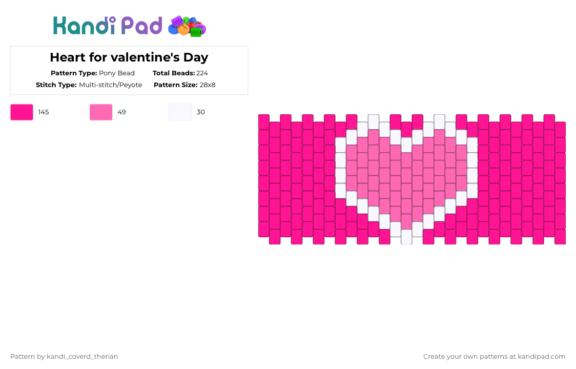 Heart for valentine\'s Day - Pony Bead Pattern by kinger on Kandi Pad - pink,dark pink,white,light pink,heart,peyto stich,cuff,valentines day