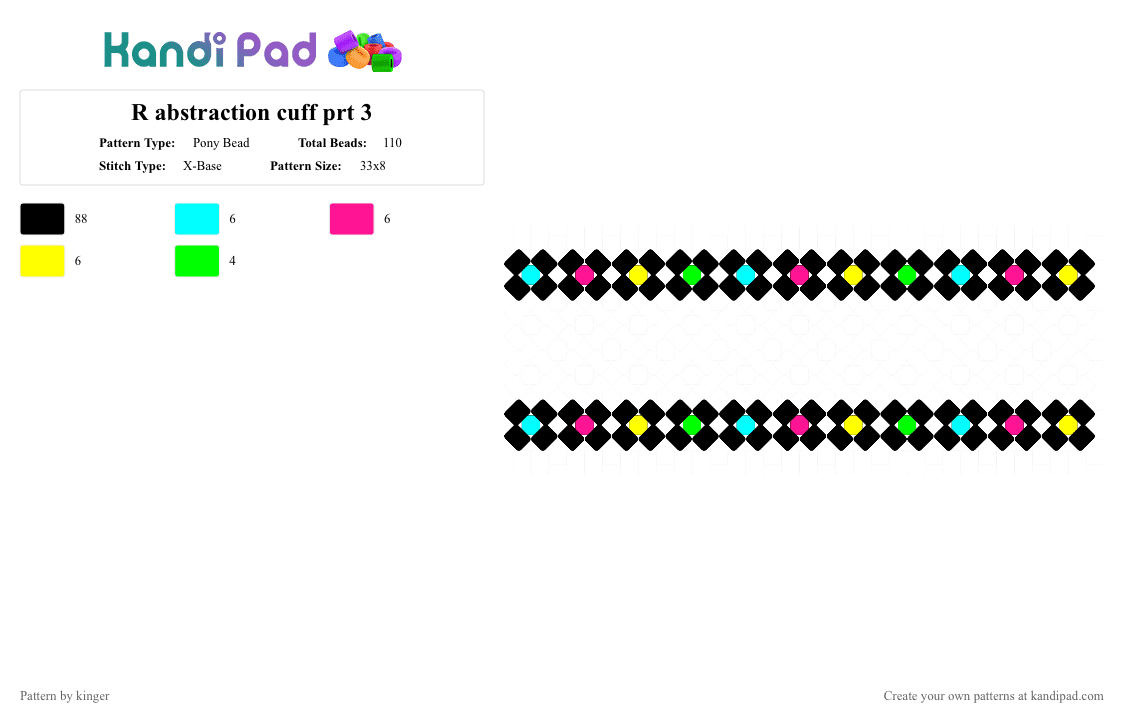 R abstraction cuff prt 3 - Pony Bead Pattern by kinger on Kandi Pad - black,light blue,pink,yellow,abstraction,x base bumpers,11 xs long