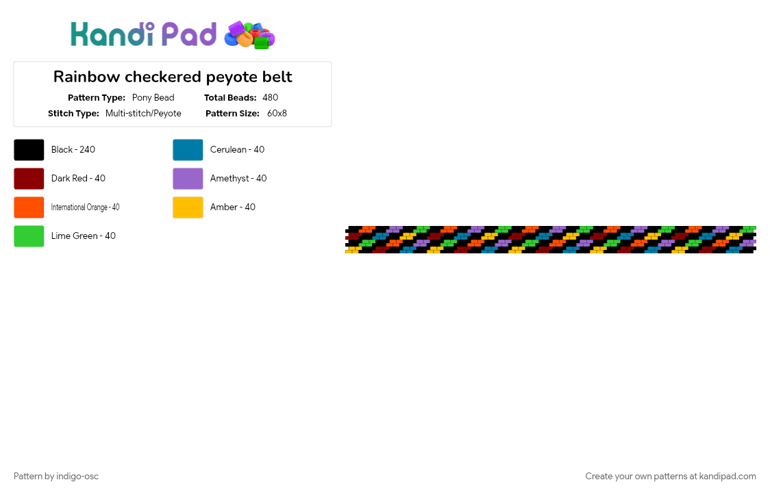 Rainbow checkered peyote belt - Pony Bead Pattern by indigo-osc on Kandi Pad - black, colorful, geometric, green, orange, pastel, pride, rainbow, red