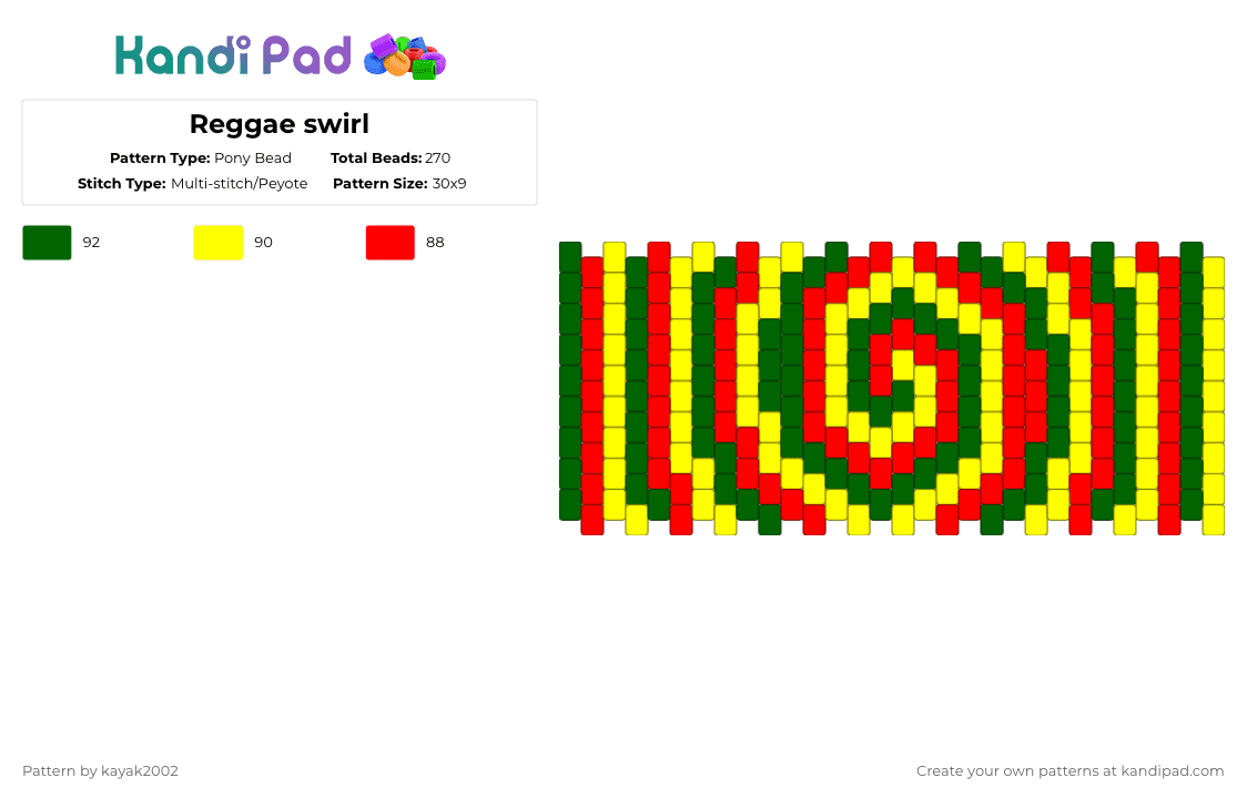 Reggae swirl - Pony Bead Pattern by kayak2002 on Kandi Pad - green,red,yellow
