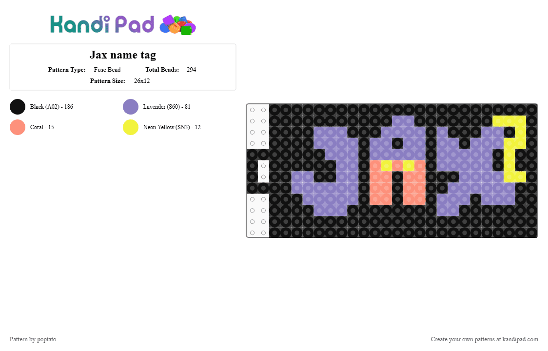 Jax name tag - Fuse Bead Pattern by poptato on Kandi Pad - black, pink