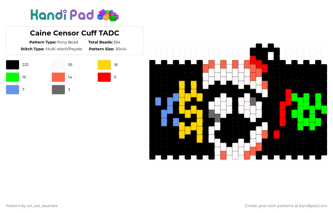 Caine Censor Cuff TADC - Pony Bead Pattern by xxi_eat_beansxx on Kandi Pad - black,white,red,yellow,colorful,peyote stitch,tadc,the amazing digital circus