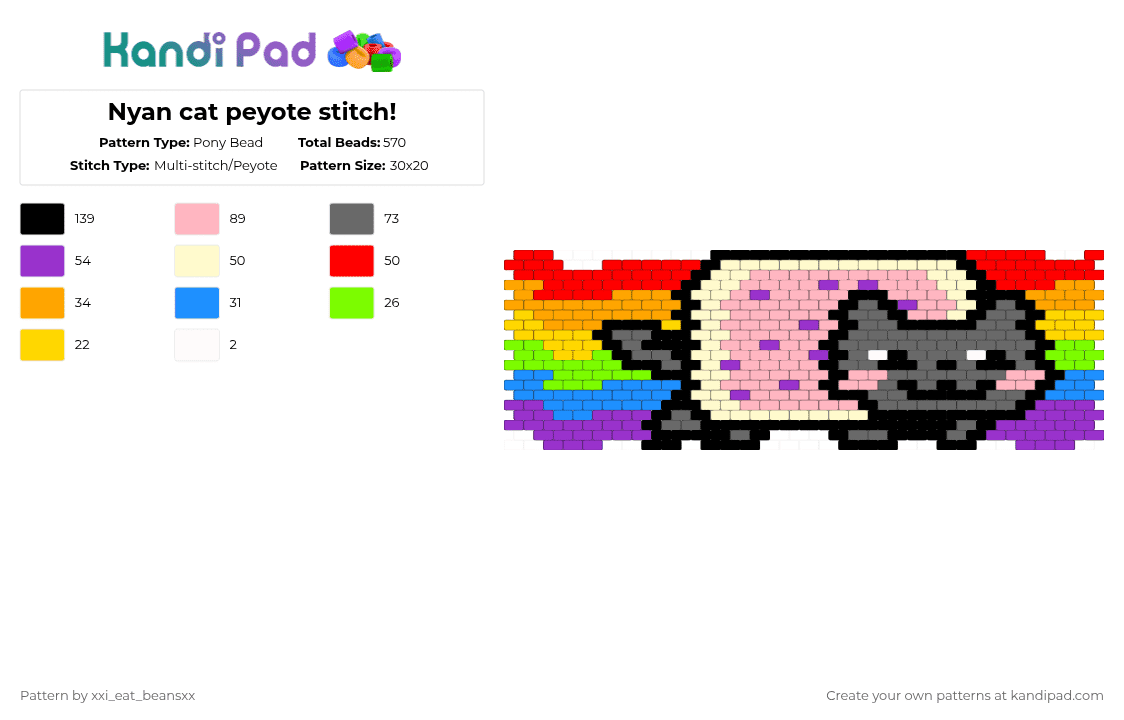 Nyan cat peyote stitch! - Pony Bead Pattern by xxi_eat_beansxx on Kandi Pad - purple,gray,red,colorful,nyan cat,scenecore,scene,cat,nyan,kandi,peyote