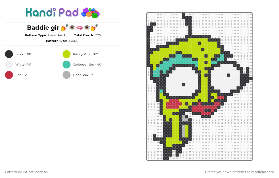 Baddie gir 💅👁🫦👁💅 - Fuse Bead Pattern by xxi_eat_beansxx on Kandi Pad - green,fuse beads,baddie,gir,scene