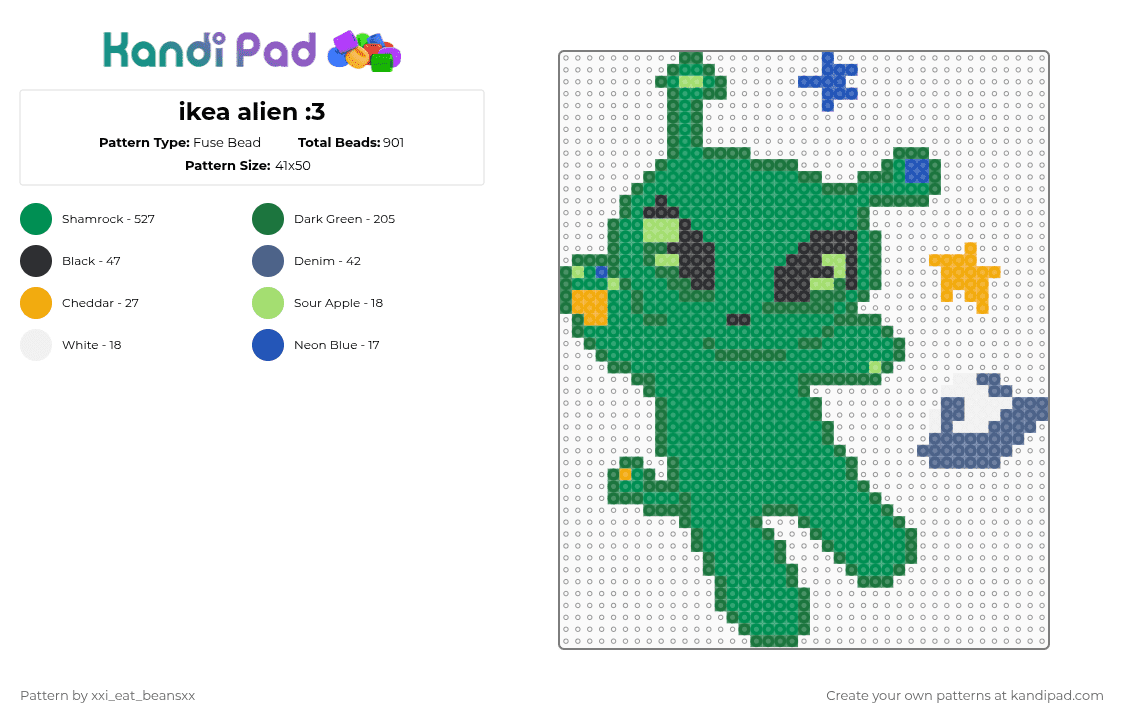 ikea alien :3 - Fuse Bead Pattern by xxi_eat_beansxx on Kandi Pad - aftonsparv,green