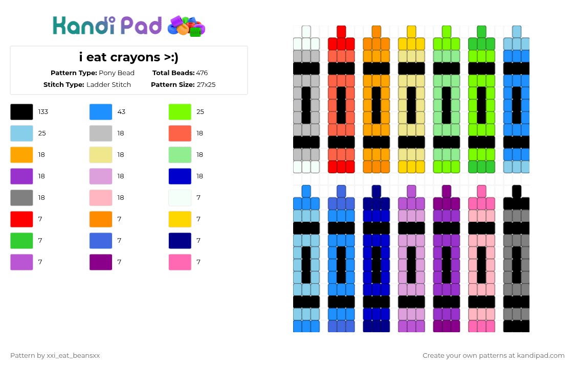 i eat crayons >:) - Pony Bead Pattern by xxi_eat_beansxx on Kandi Pad - green,light blue,purple,pink,ladder stitch,crayons,colors,keychains,scene,scenecore,kidcore,children