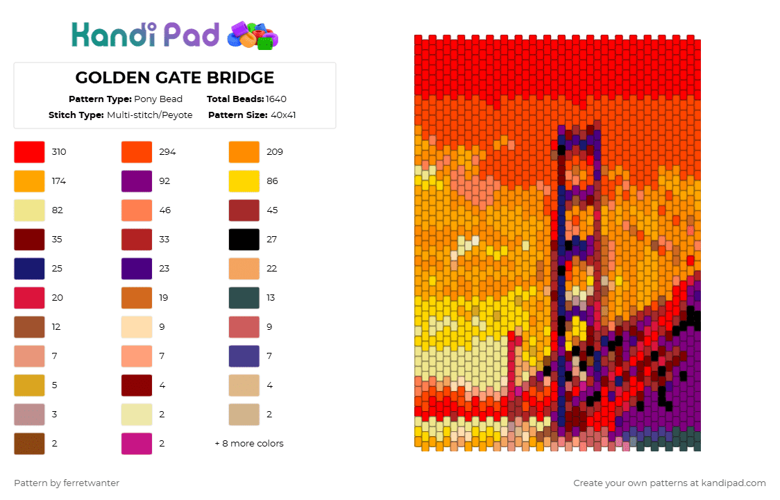 GOLDEN GATE BRIDGE - Pony Bead Pattern by ferretwanter on Kandi Pad - red,orange,cotdbridges