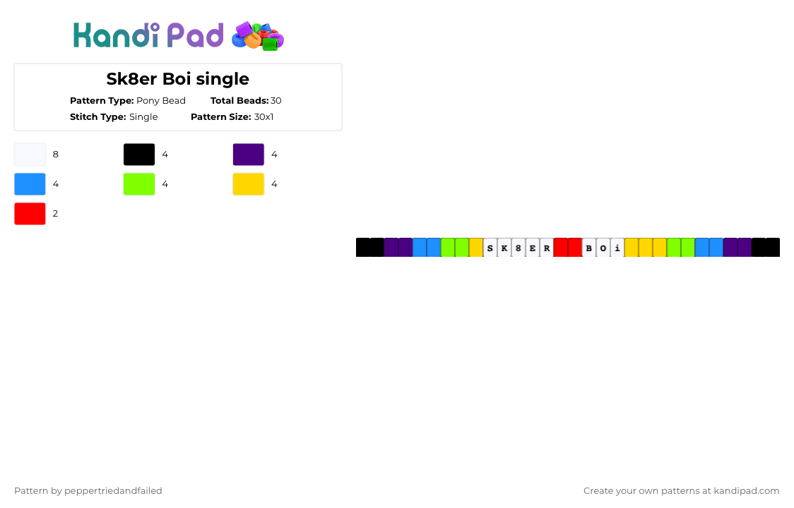 Sk8er Boi single - Pony Bead Pattern by peppertriedandfailed on Kandi Pad - purple,light blue,green,yellow,cotdskateboarding,skater boi,skater boy,skateboarding,skating,cool,alternative