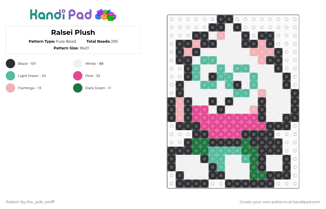 Ralsei Plush - Fuse Bead Pattern by the_jade_wolff on Kandi Pad - white,teal,pink