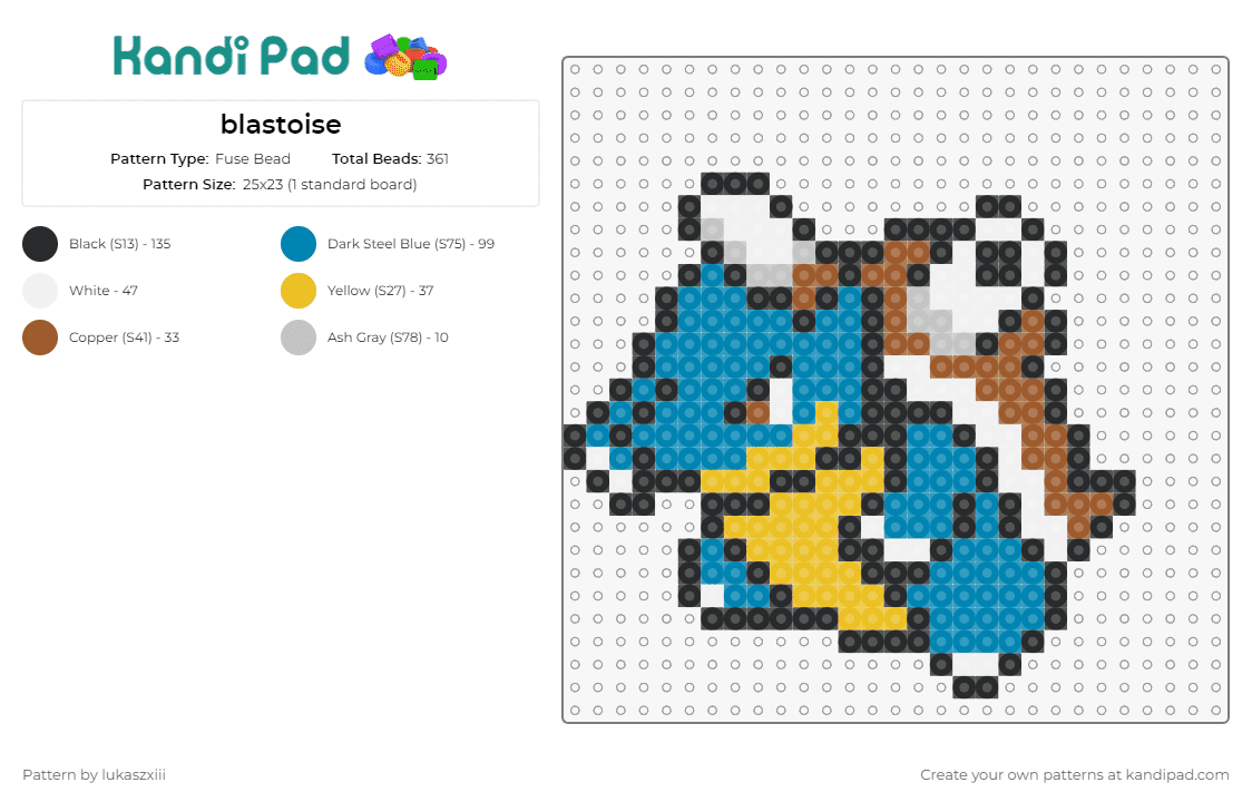 blastoise - Fuse Bead Pattern by lukaszxiii on Kandi Pad - blastoise,pokemon,water-type,creature,anime,gaming,shell,cannons,fierce,blue