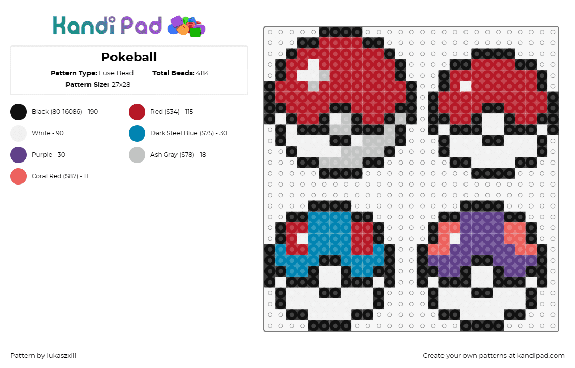 Pokeball - Fuse Bead Pattern by lukaszxiii on Kandi Pad - pokeballs,pokemon,master ball,great ball,universe,trainer,coveted,signature,red,