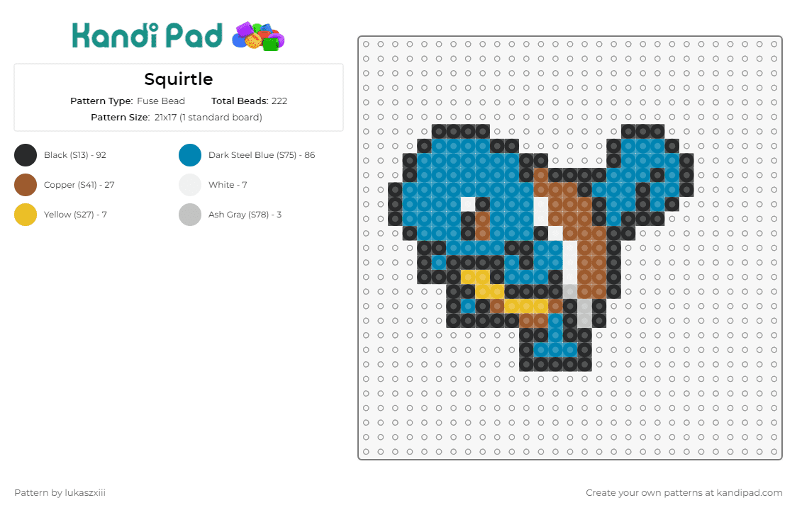 Squirtle - Fuse Bead Pattern by lukaszxiii on Kandi Pad - squirtle,pokemon,blue,aquatic,character,shell,animated,whimsical,creature
