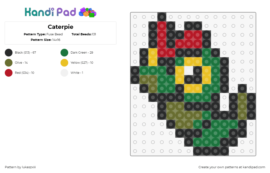 Caterpie - Fuse Bead Pattern by lukaszxiii on Kandi Pad - caterpie,pokemon,insect,creature,anime,character,green