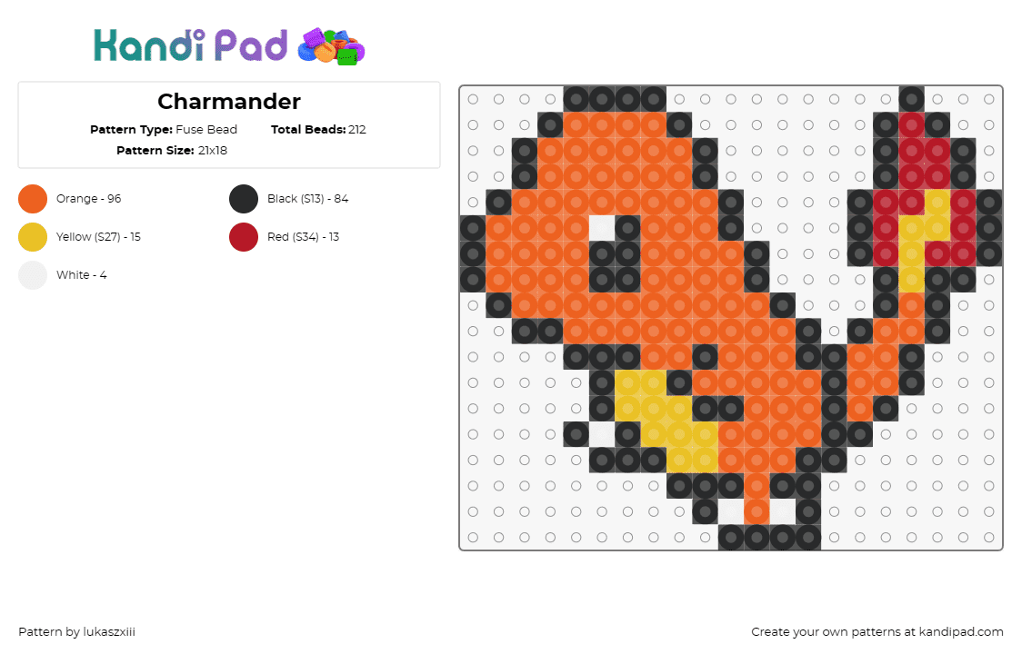 Charmander - Fuse Bead Pattern by lukaszxiii on Kandi Pad - charmander,pokemon,orange,fiery,tail,animated,nostalgia,creature,vibrant,flame