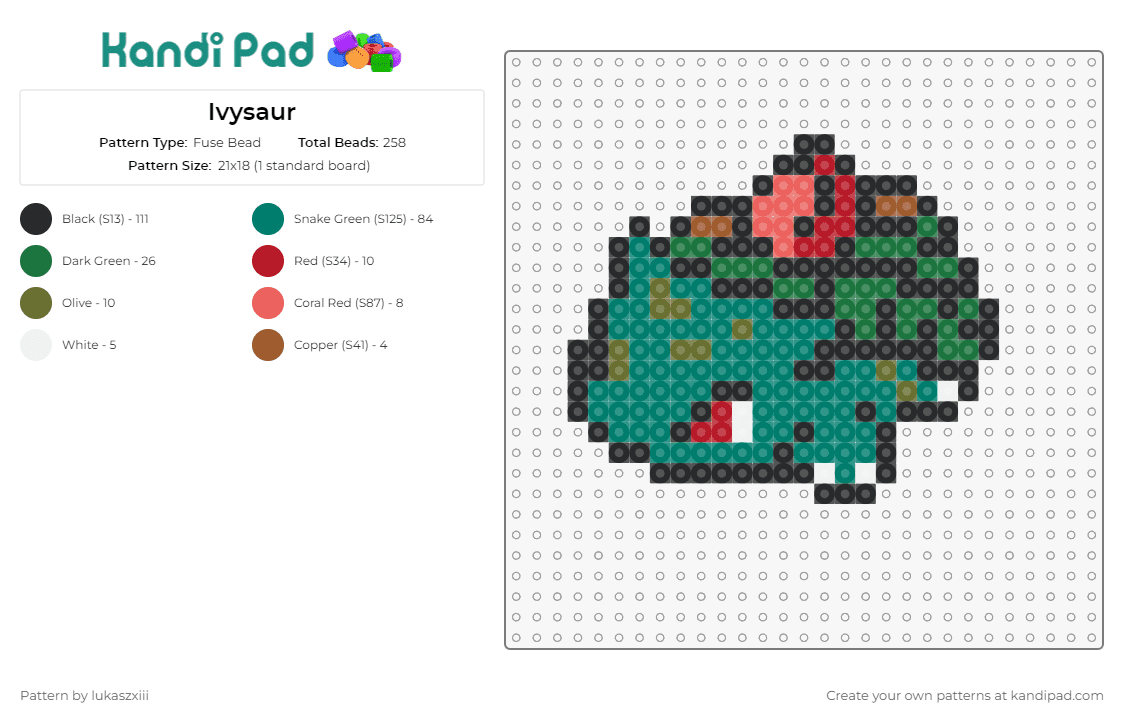Ivysaur - Fuse Bead Pattern by lukaszxiii on Kandi Pad - ivysaur,pokemon,creature,anime,gaming,charm,budding,green