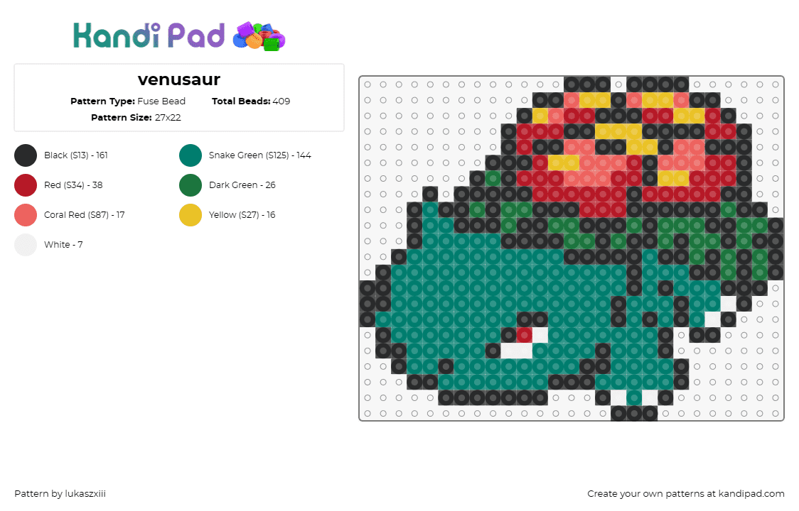 venusaur - Fuse Bead Pattern by lukaszxiii on Kandi Pad - venusaur,pokemon,creature,anime,gaming,nostalgic,blooming,green,flower,vibrant