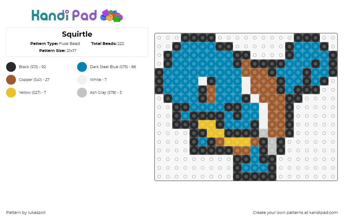 Squirtle - Fuse Bead Pattern by lukaszxiii on Kandi Pad - squirtle,pokemon,blue,aquatic,character,shell,animated,whimsical,creature