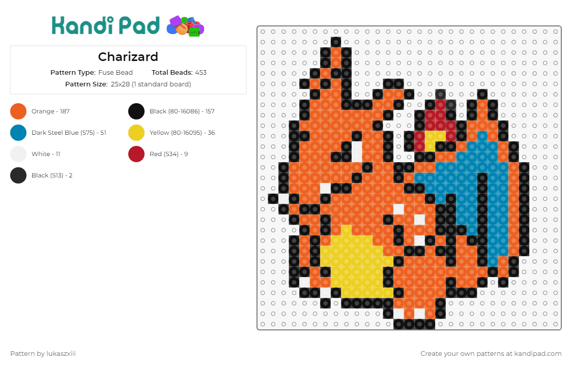 Charizard - Fuse Bead Pattern by lukaszxiii on Kandi Pad - charizard,pokemon,iconic,fiery,spirit,vibrant,collectors,fans,orange