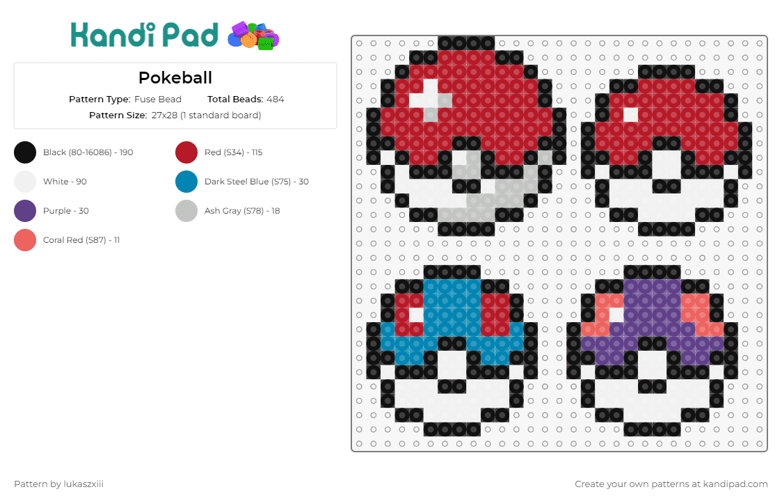 Pokeball - Fuse Bead Pattern by lukaszxiii on Kandi Pad - pokeballs,pokemon,master ball,great ball,universe,trainer,enthusiast,coveted,signature,red,blue,purple